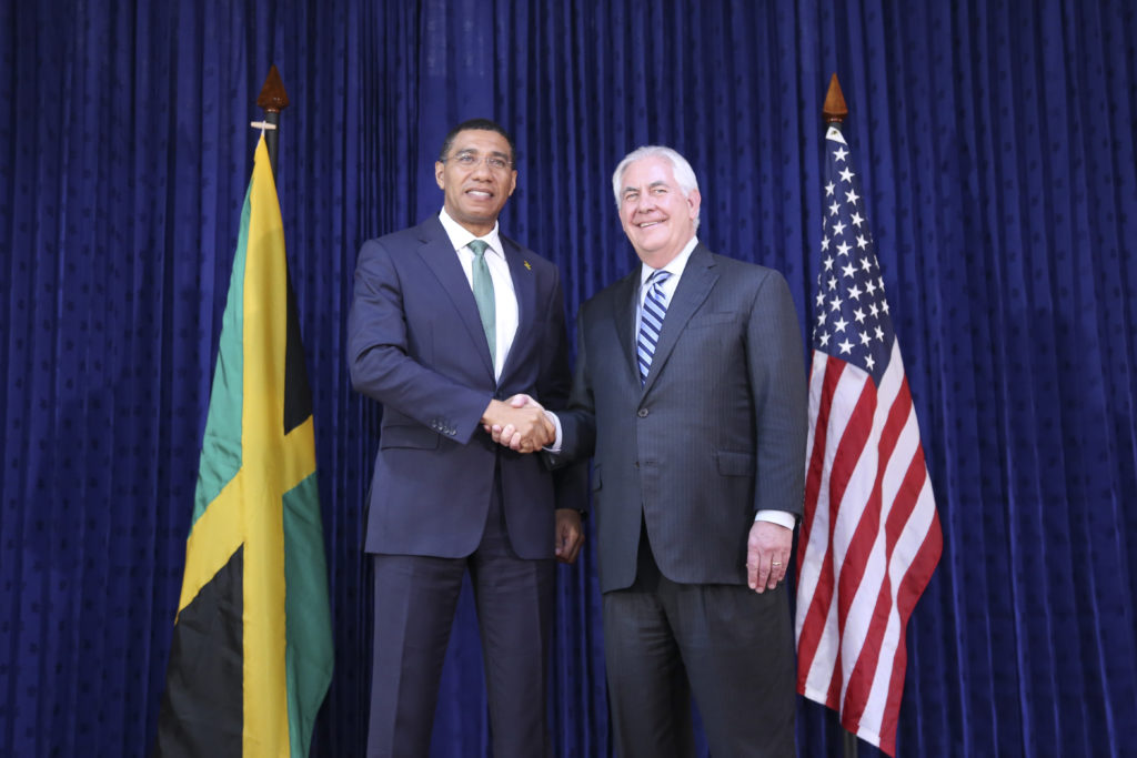 Prime Minister Andrew Holness and US Secretary of State Rex W. Tillerson smile for a photo op after a Press Conference held at the Office of the Prime Minister recently. Secretary Tillerson was on a working visit to Jamaica where he and Prime Minister Holness engaged in Bilateral talks.