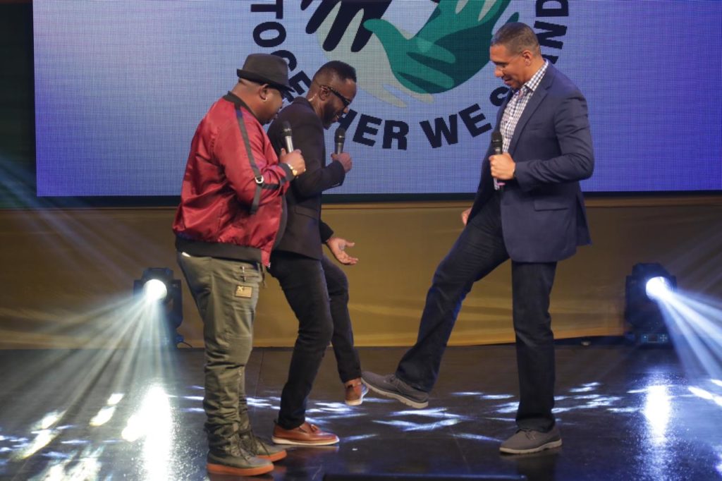 The Most Hon. Andrew Holness, Prime Minister along with media personalities; Ity & Fancy Cat. Prime Minister Holness donated $3000US to the “Together We Stand” telethon on Sunday, April 12, 2020. The telethon was an initiative to raise much needed funds to purchase protective gear for frontline workers, including healthcare providers and the security forces, as well as equipment including ventilators.